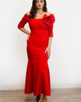 VESTIDO MIDI LISO SIRENA DETALLE FLOR ROJO