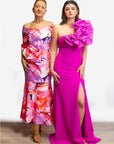 VESTIDO MIDI ESTAMPADO FLORAL FUCSIA