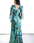 Vestido Largo Ginebra Estampado Verde y Azul con Cinturón .