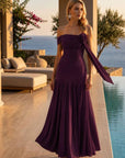 Vestido Largo Merlina - Tul Fluido con Escote Asimétrico y Flor en Hombro