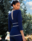 Conjunto Valeria Chaqueta Top y Pantalón Crepe Azul Marino con Ribete Blanco - Tallas 46 a 50