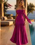 Vestido Largo Merlina - Tul Fluido con Escote Asimétrico y Flor en Hombro