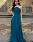 Vestido Largo Tokio Crepe Rubí - Escote Halter y Espalda Multitira