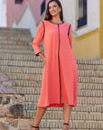 Vestido Midi Duan Evasé Color Mandarina con Vivos Negros