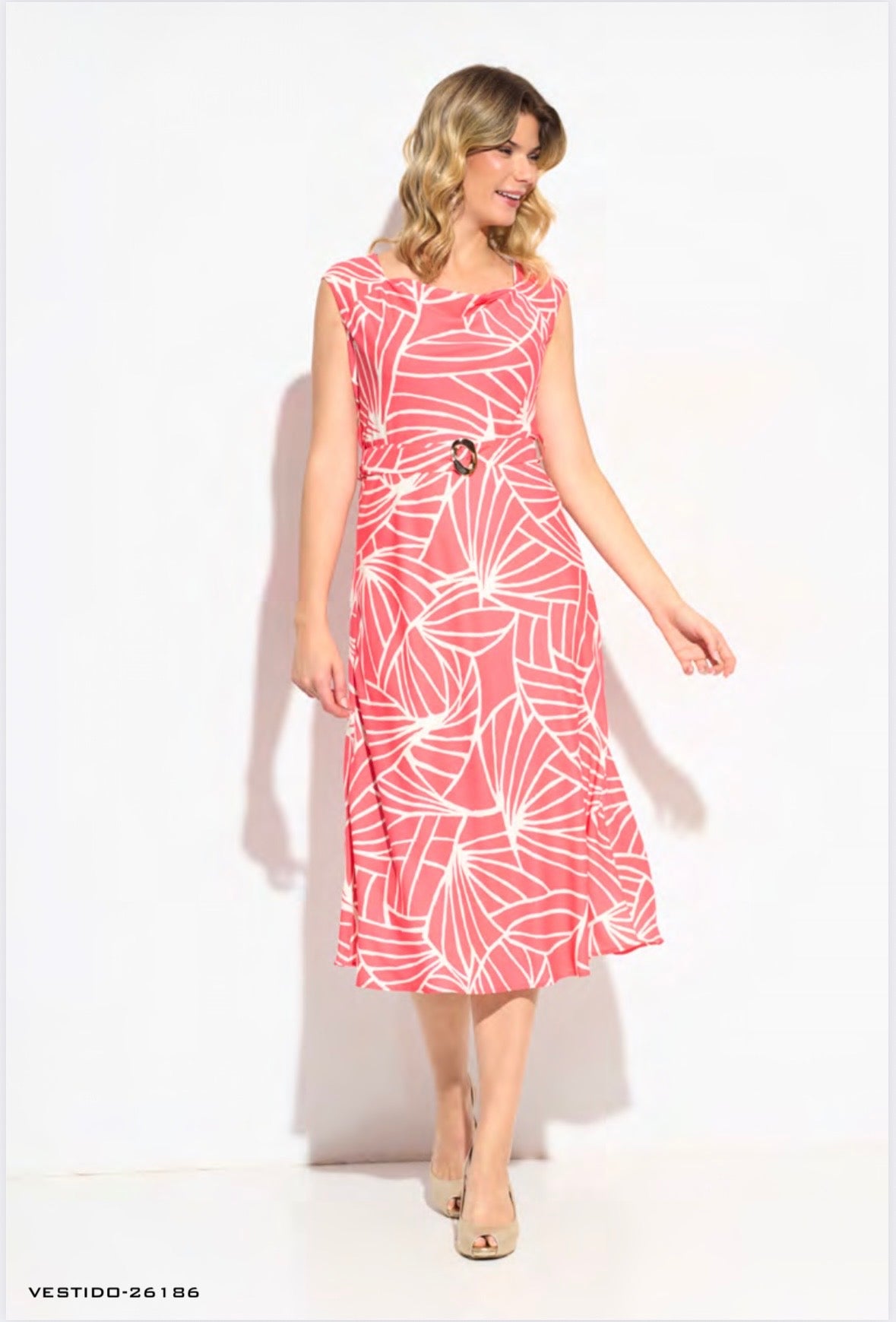 Vestido Midi Ledesma Escote Caido Print Líneas Bicolor