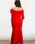 VESTIDO MIDI LISO SIRENA DETALLE FLOR ROJO