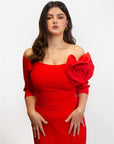 VESTIDO MIDI LISO SIRENA DETALLE FLOR ROJO