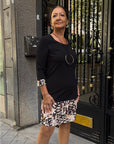 VESTIDO COMBINADO LISO Y ESTAMPADO NEGRO