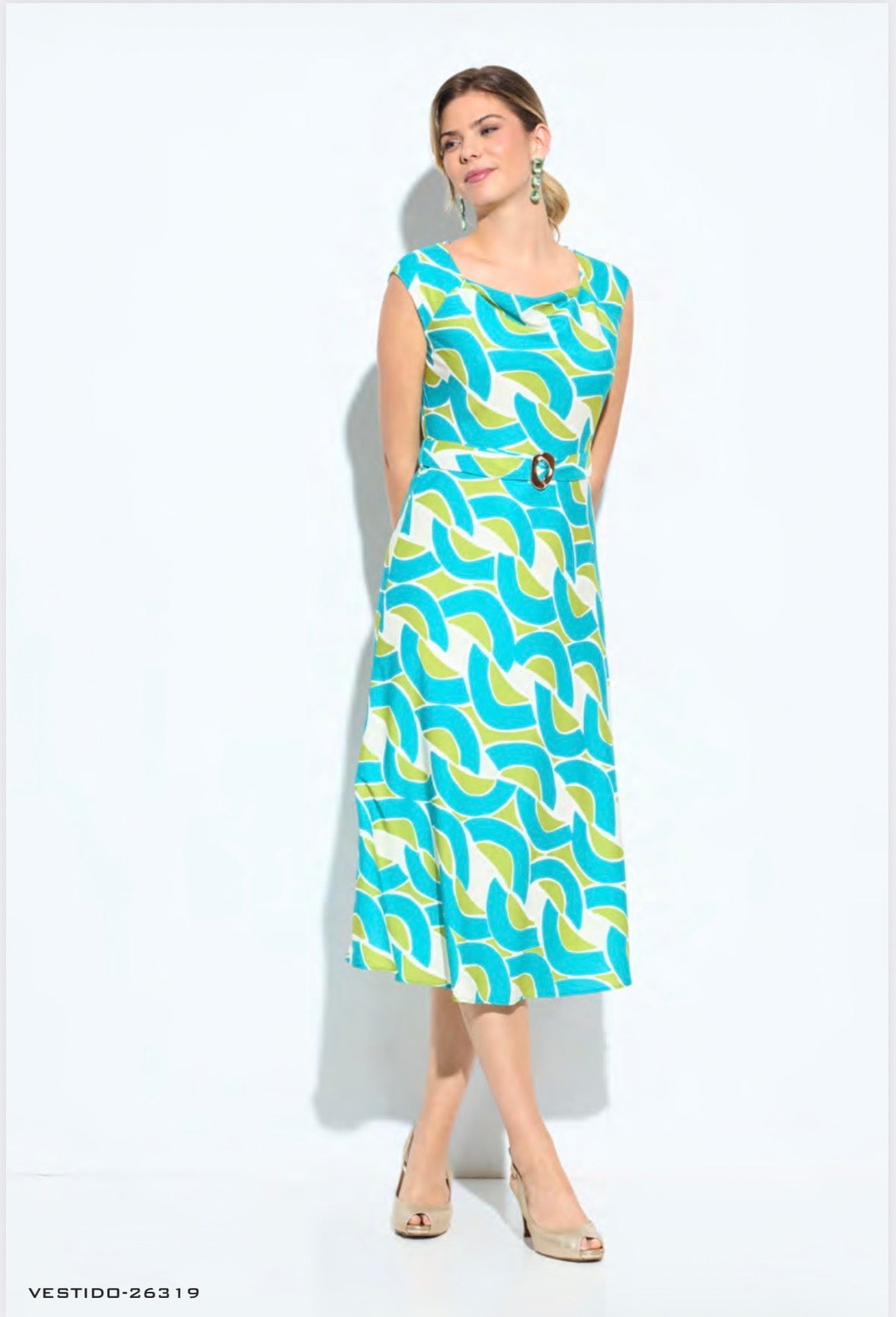 Vestido Midi Pedraza Escote Caido Print Geo Hebilla