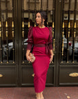 Vestido Midi Mangas Topo Granate