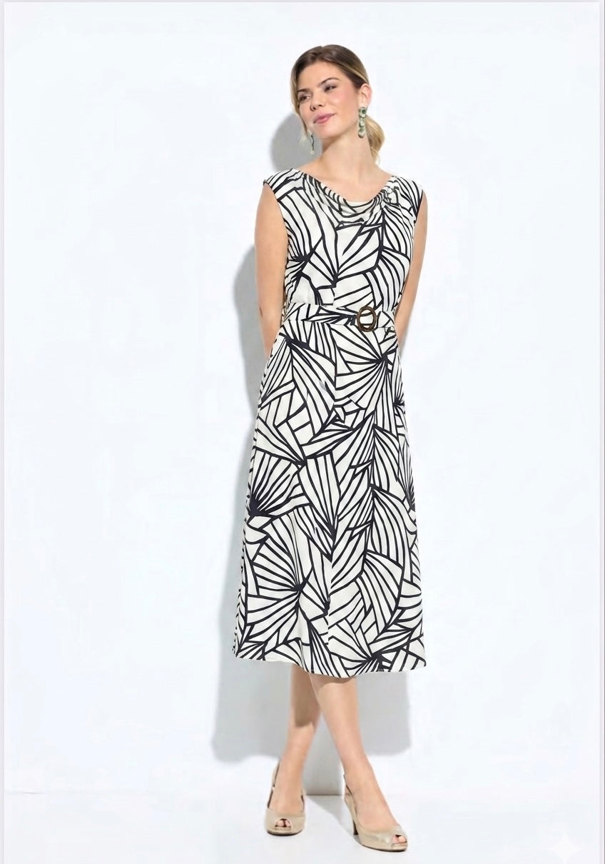 Vestido Midi Ledesma Escote Caido Print Líneas Bicolor