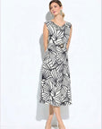 Vestido Midi Ledesma Escote Caido Print Líneas Bicolor