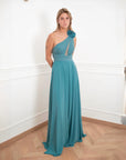 Vestido Largo Flavia Asimétrico Flor Hombro