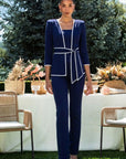 Conjunto Valeria Chaqueta Top y Pantalón Crepe Azul Marino con Ribete Blanco - Tallas 46 a 50