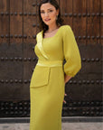 Vestido Largo Jade Con Mangas Y Cintura Satén