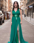 Vestido Largo Roxana De tul Con Raja y Fajín