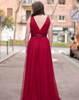 Vestido Largo Roxana De tul Con Raja y Fajín