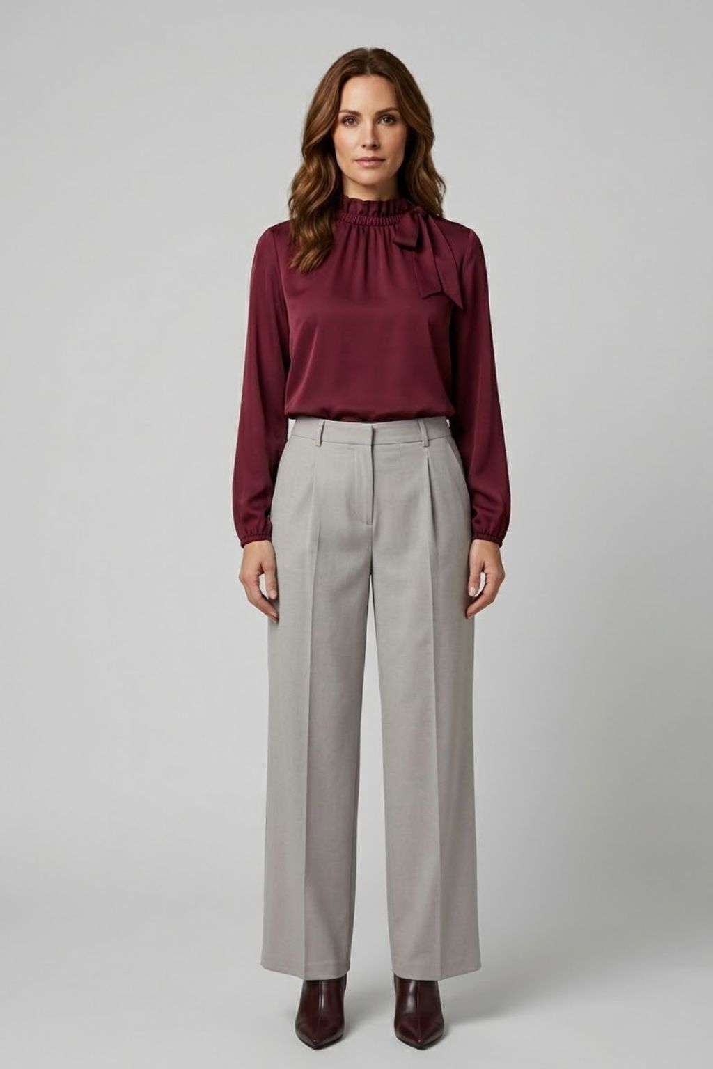 pantalon-cesar-de-vestir-pata-ancha-en-color-gris-perla-combinado-con-blusa-granate-en-modelo-anclas-salamanca