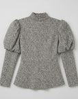 Top Lituana Estampado Espiga Marrón Cuello Alto y Manga Abullonada - Tallas 36 a 48