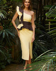 Vestido Midi Tenerife Bicolor Asimétrico - Efecto Peplum y Volante