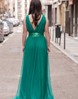 Vestido Largo Roxana De tul Con Raja y Fajín