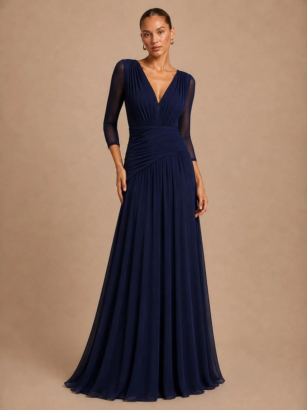 Vestido Largo Antonia con manga y drapeado tul