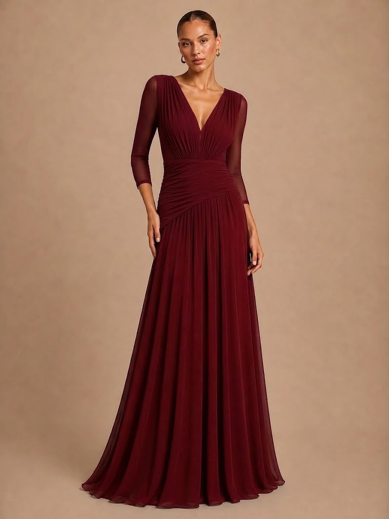 Vestido Largo Antonia con manga y drapeado tul