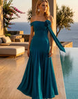 Vestido Largo Merlina - Tul Fluido con Escote Asimétrico y Flor en Hombro