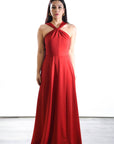 Vestido Largo Tokio Crepe Rubí - Escote Halter y Espalda Multitira