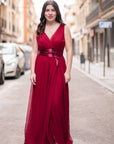 Vestido Largo Roxana De tul Con Raja y Fajín