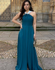 Vestido Largo Tokio Crepe Rubí - Escote Halter y Espalda Multitira