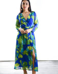 Vestido Midi Cuba Estampado Gasa Azul Tinta y Verdes