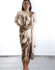 Vestido Midi Fátima Beige y Kaki  Invitada Perfecta Tallas 40-52