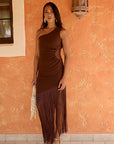 Vestido Midi Mónaco Asimétrico flecos y manga de gasa